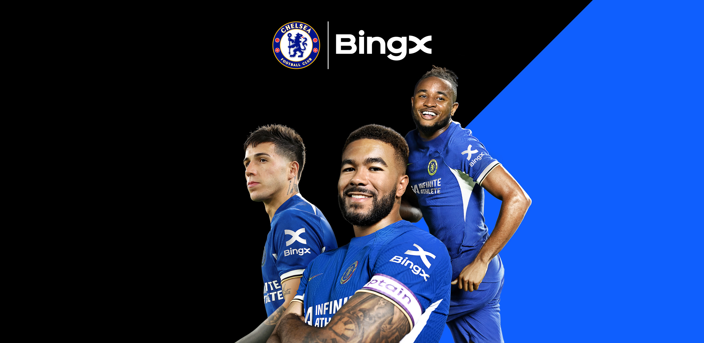 Игроки Chelsea демонстрируют логотип BingX на рукаве домашней формы 2023/24.